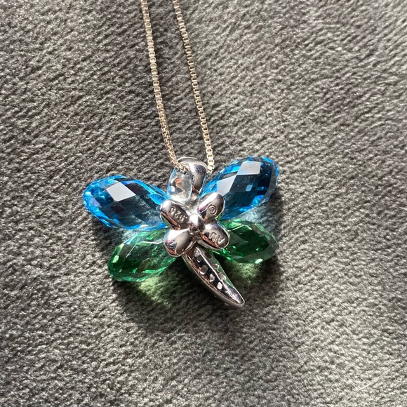 925 AU Sterling Silver Vintage Blue & Green CZ Gem Stone Butterfly necklace - Picture 4 of 5